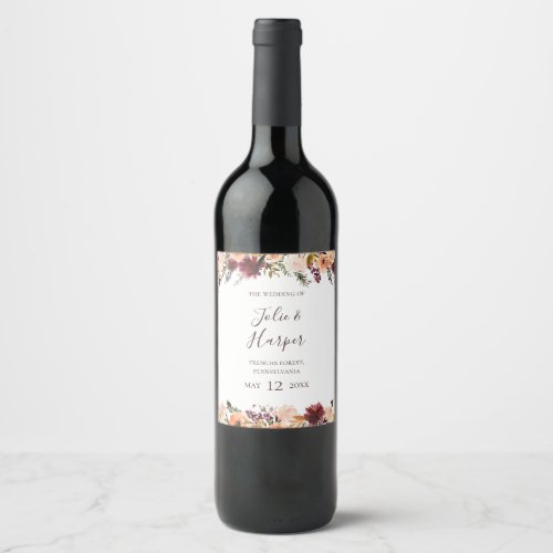 Burgundy Orange Floral Wedding Wine Label