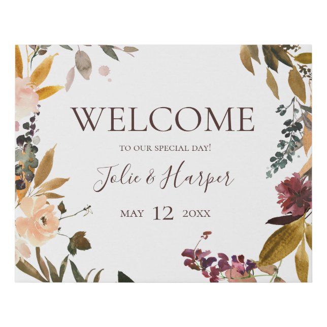 Burgundy Orange Floral | Welcome Faux Canvas Print (Front)