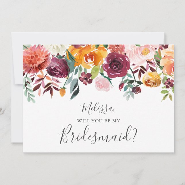 Burgundy Orange Floral Will You Be My Bridesmaid Invitation (Front)