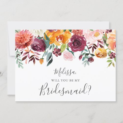 Burgundy Orange Floral Will You Be My Bridesmaid Invitation