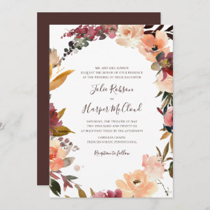 Burgundy Orange Floral Wreath Traditional Wedding Invitation