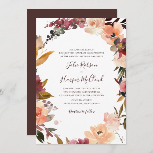 Burgundy Orange Floral Wreath Traditional Wedding Invitation