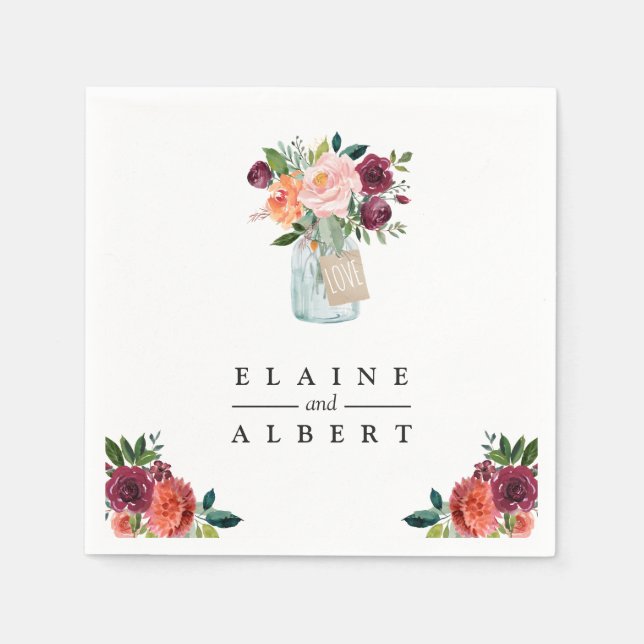 Burgundy Orange Flowers Mason Jar Wedding Paper Napkins (Front)