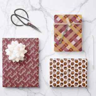 BURGUNDY ORANGE & GOLD PLAID GRATEFUL THANKFUL WRAPPING PAPER SHEETS