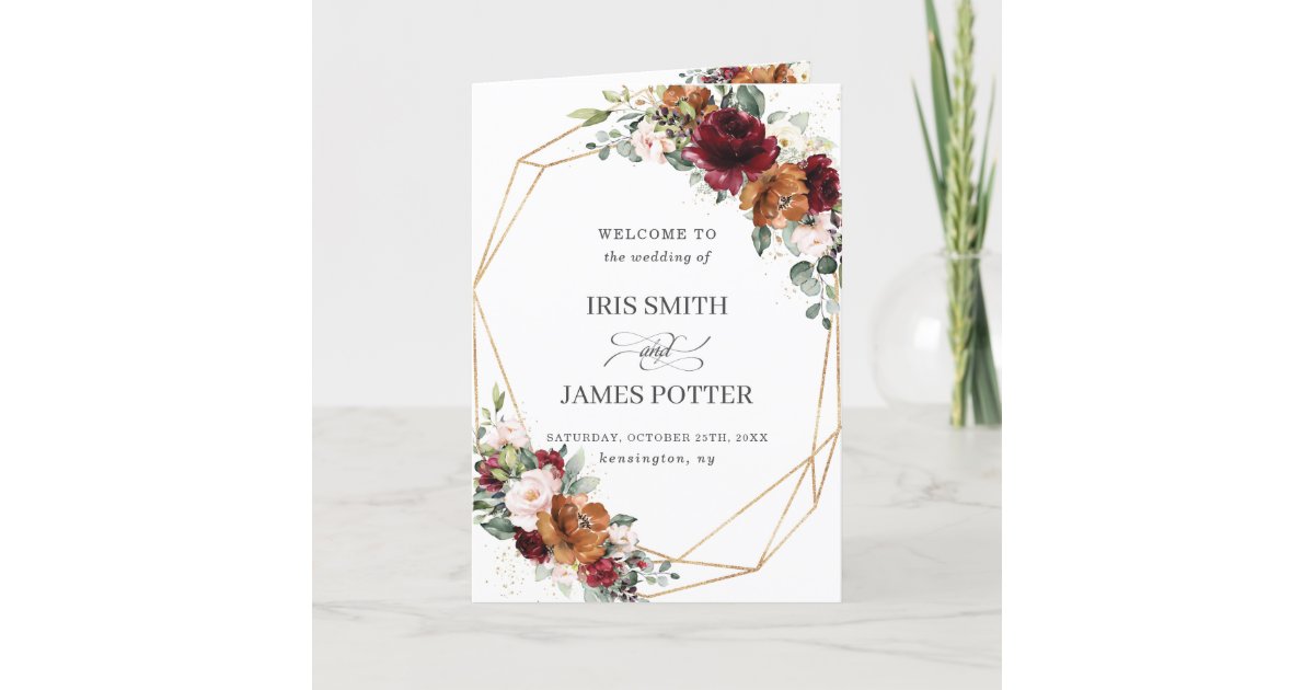 Burgundy Orange Ivory Floral Gold Wedding Program Zazzle