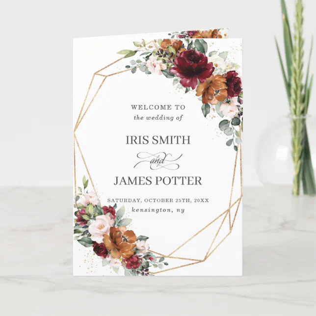 Burgundy Orange Ivory Floral Gold Wedding Program 