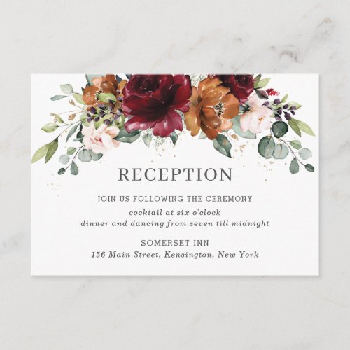 Burgundy Orange Ivory Floral Wedding Reception Enclosure Card