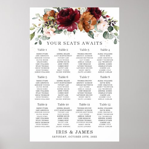 Burgundy Orange Ivory Floral Wedding Seating Chart