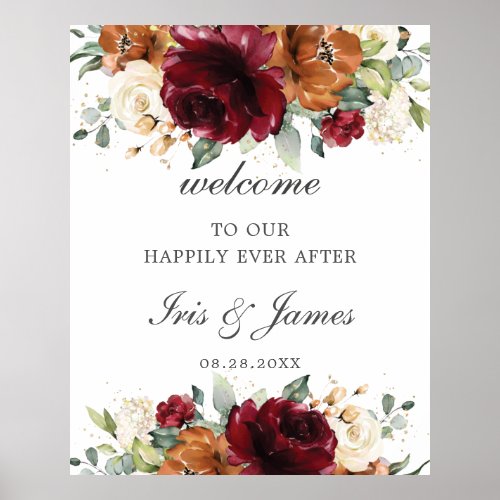 Burgundy Orange Ivory Floral Wedding Welcome Sign