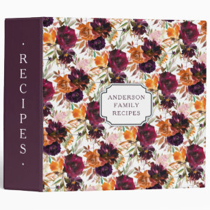 Burgundy Orange Pink Floral Family Recipe 3 Ring Binder