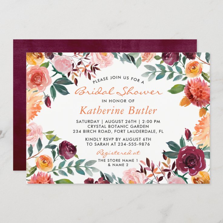 Burgundy Orange Pink Flowers Fall Bridal Shower Invitation | Zazzle