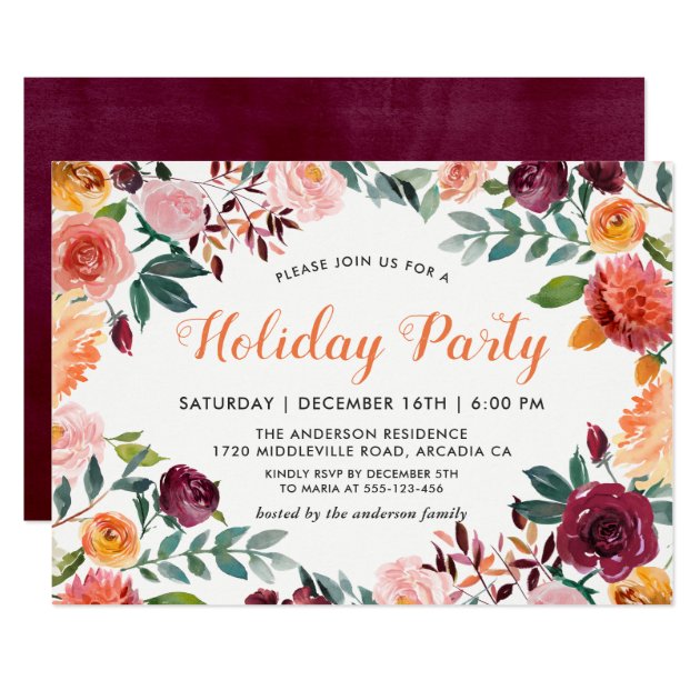 Burgundy Orange Pink Flowers Holiday Party Invitation
