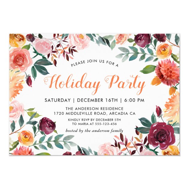 Burgundy Orange Pink Flowers Holiday Party Invitation