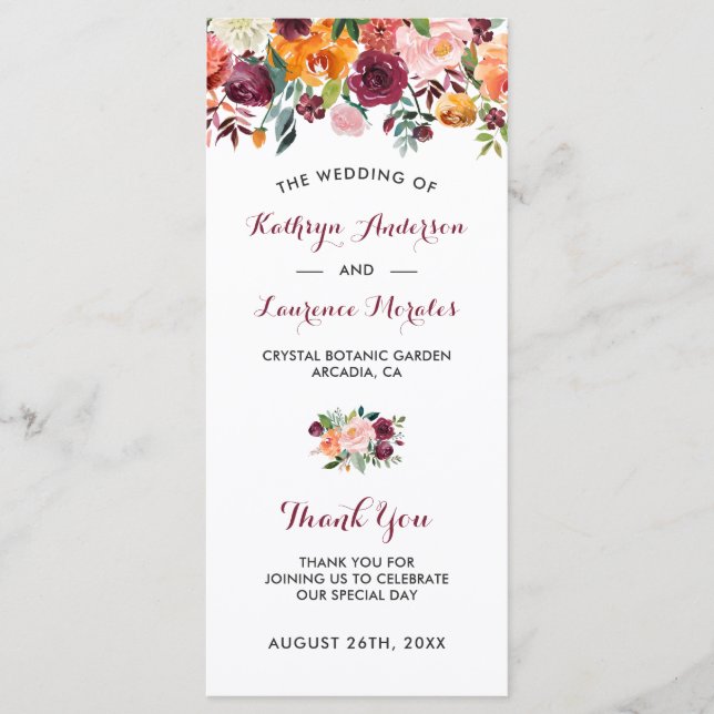 Burgundy Orange Pink Flowers Wedding Program (Front)