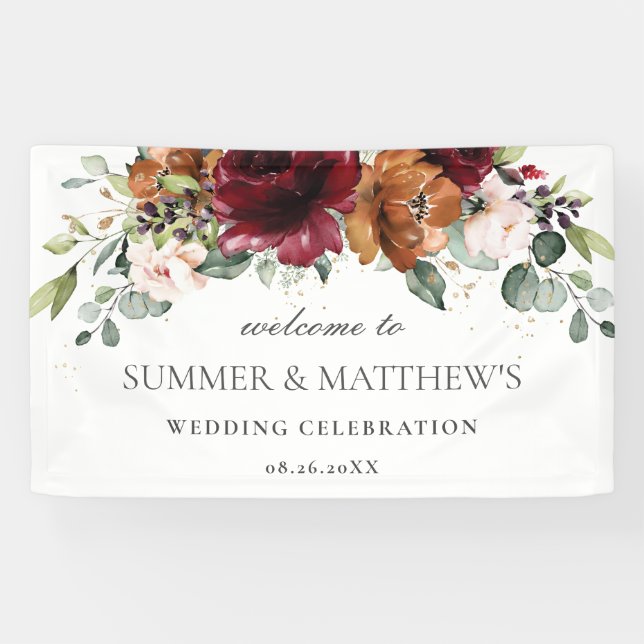 Burgundy Orange Pink Ivory Floral Wedding Backdrop Banner (Horizontal)