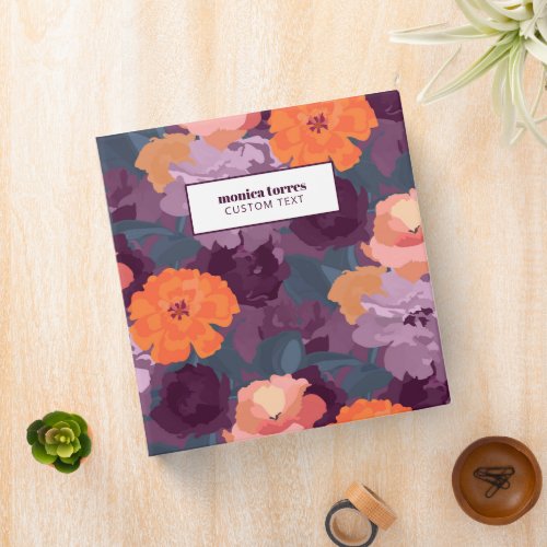 Burgundy Orange Purple Vintage Flowers Monogram 3 Ring Binder