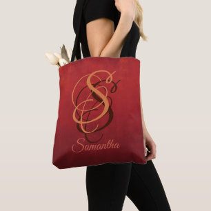 Burgundy Orange Red rustic monogram ombre Tote Bag