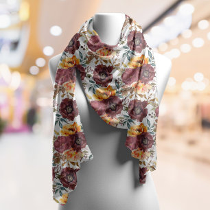 Burgundy Orange Rustic Autumn Watercolor Floral Scarf