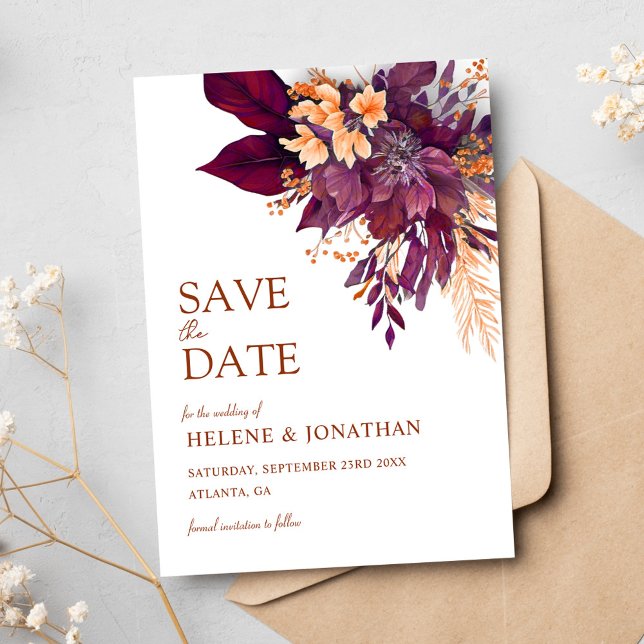 Burgundy Orange Terracotta Floral Elegant Wedding Save The Date (Burgundy Orange Terracotta Floral Elegant Wedding Save The Date)