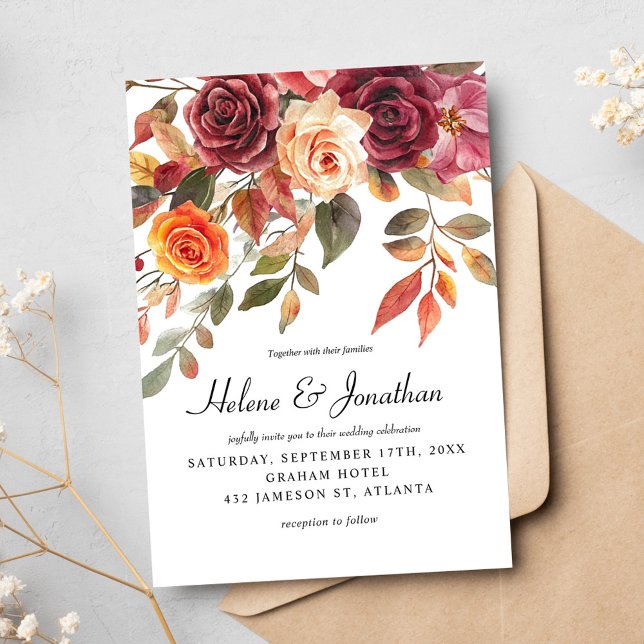 Burgundy Orange Watercolor Boho Elegant Wedding Invitation (Burgundy Orange Watercolor Boho Elegant Wedding Invitation)
