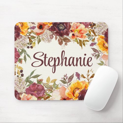 Burgundy Orange Watercolor Fall Autumn Floral Name Mouse Pad