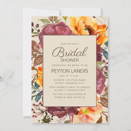 Burgundy Orange Watercolor Floral Bridal Shower Invitation