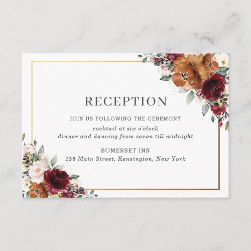 Burgundy Orange White Floral Wedding Reception Enclosure Card