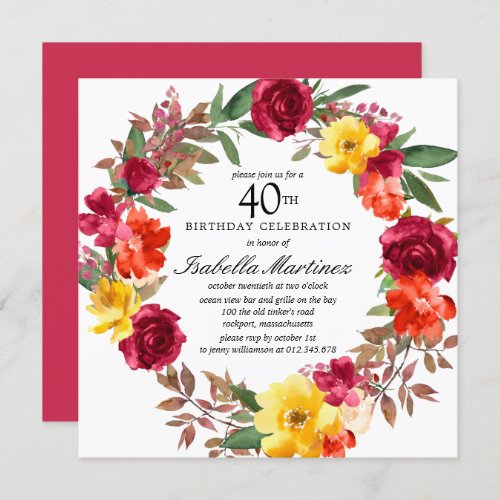 Burgundy Orange Yellow Floral Wreath 40th Birthday Invitation