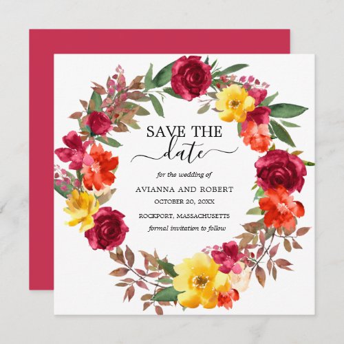 Burgundy Orange Yellow Floral Wreath Save The Date