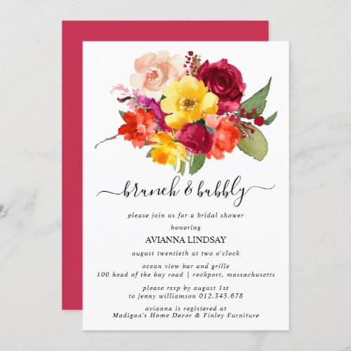 Burgundy Orange Yellow Pink Bridal Brunch Bubbly Invitation