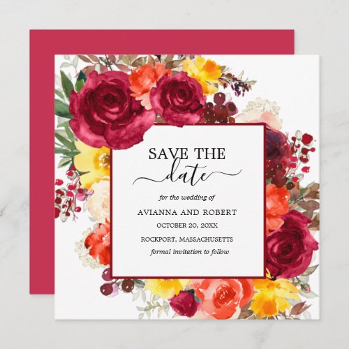 Burgundy Orange Yellow Pink Floral Save The Date