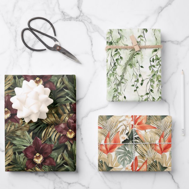 Burgundy Orchids Ivy Floral Jungle Birthday Wrapping Paper Sheets (Front)