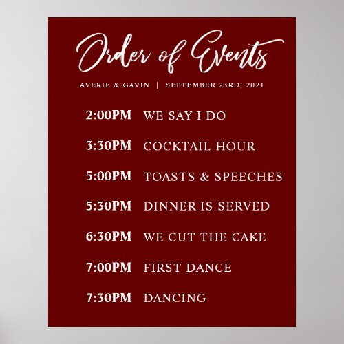 Burgundy Order of Events Wedding Day Schedule Poster