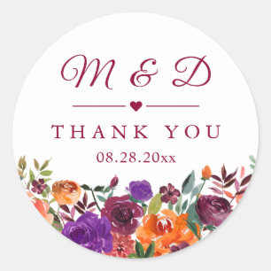 Burgundy Organ Floral Monogram Wedding Favor Classic Round Sticker