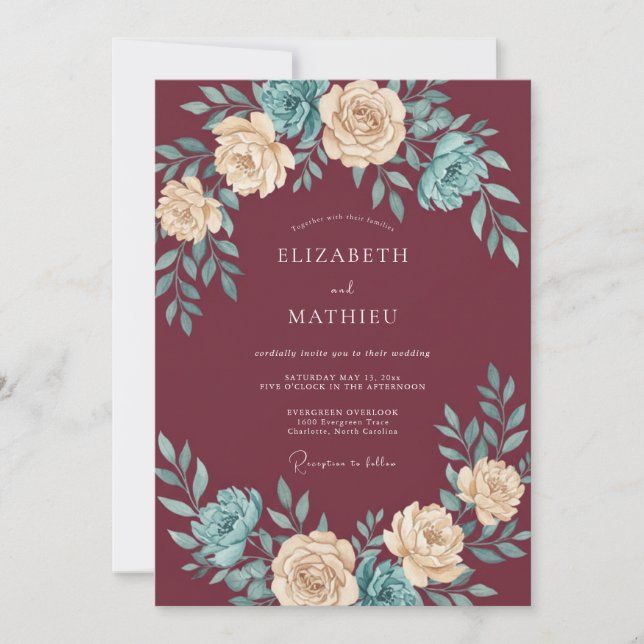 Burgundy Ornate Teal Rose Wedding Invitation (Front)