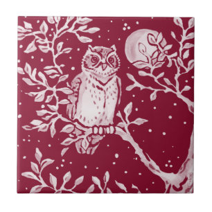 Burgundy Owl Moon Night Woodland Forest Animal Ceramic Tile
