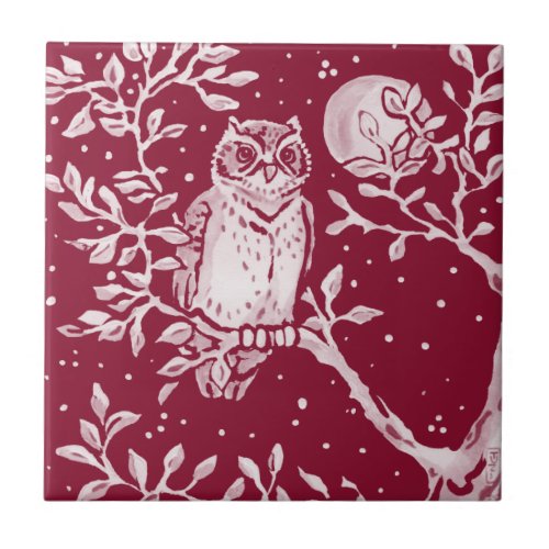 Burgundy Owl Moon Night Woodland Forest Animal  Ceramic Tile