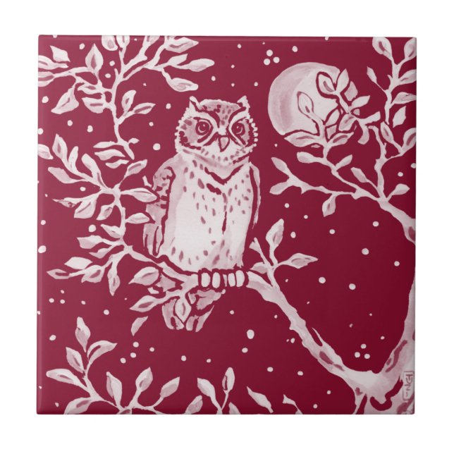 Burgundy Owl Moon Night Woodland Forest Animal  Ceramic Tile (Front)