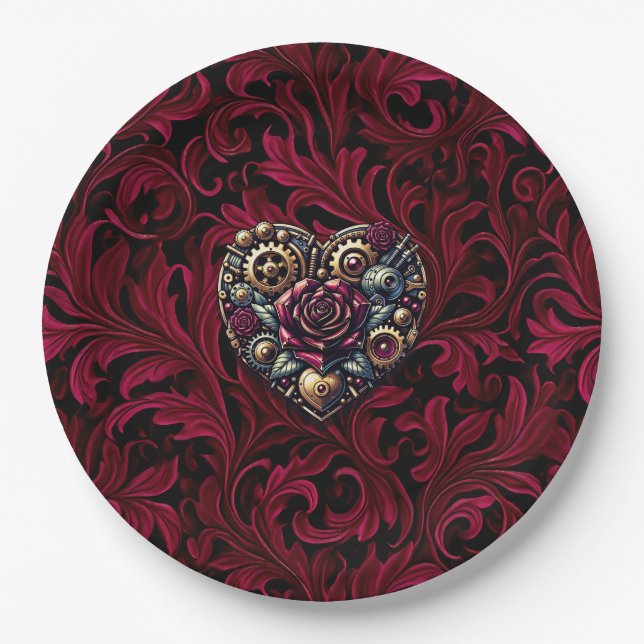 Burgundy Paisley Steampunk Heart Wedding Paper Plates (Front)