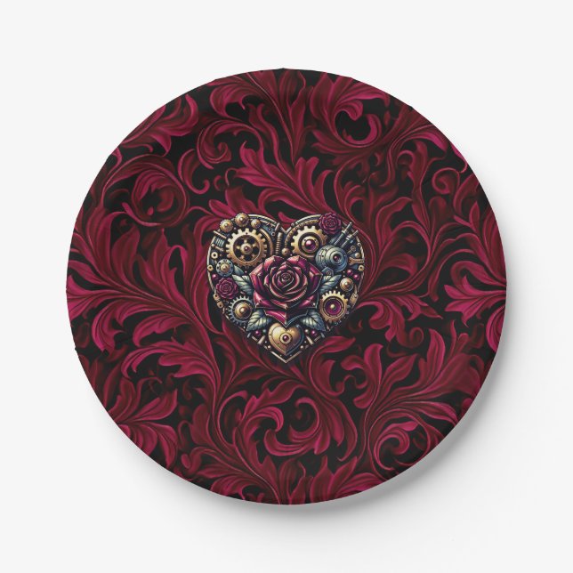 Burgundy Paisley Steampunk Heart Wedding Paper Plates (Front)