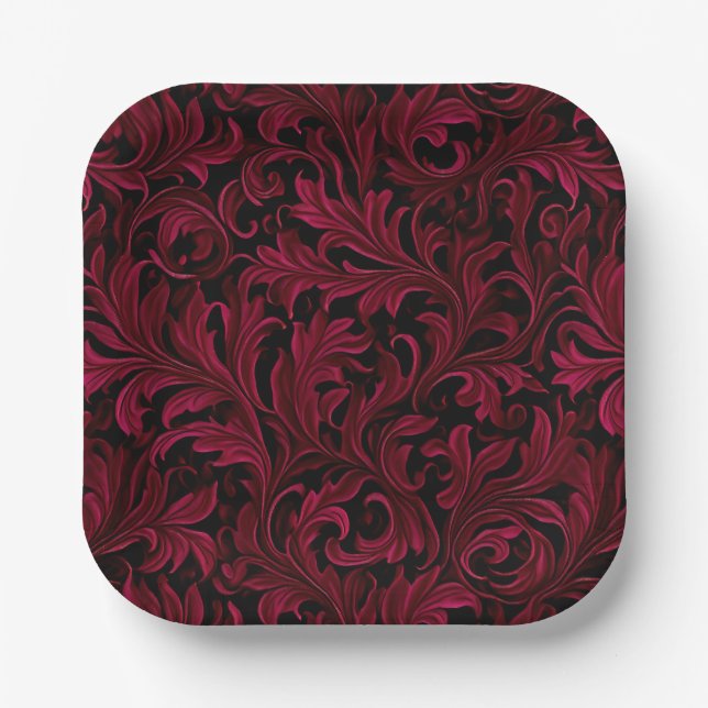 Burgundy Paisley Wedding Paper Plates (Front)