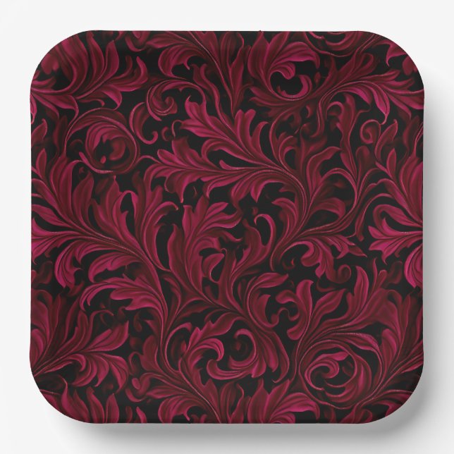 Burgundy Paisley Wedding Paper Plates (Front)