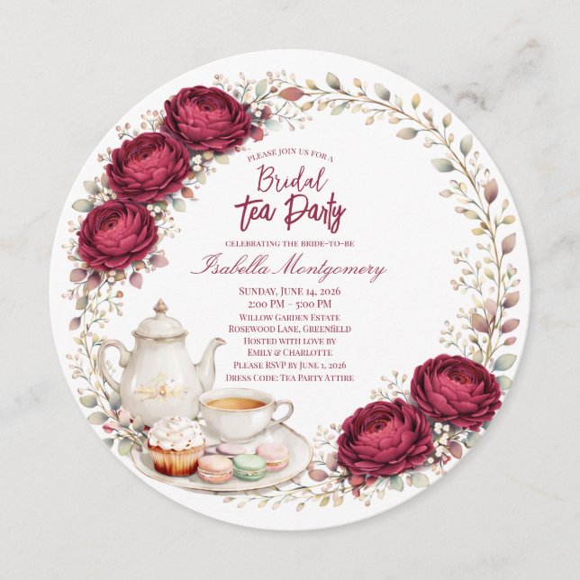 Burgundy Palette Tea Party Bridal Shower Invitation (Front)