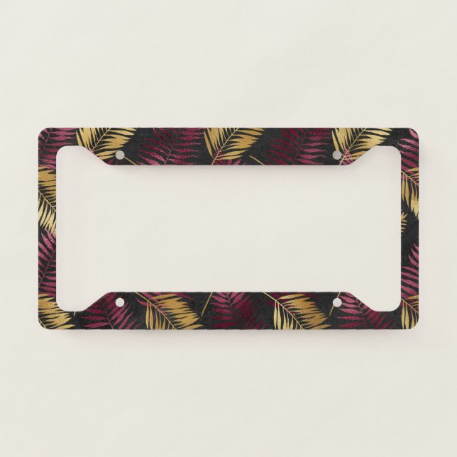 Burgundy Palm Tree Leaf Summer Glam Tropical License Plate Frame (Front)