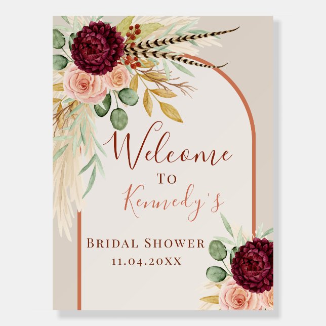 Burgundy Pampas Floral Beige Welcome Bridal Shower Foam Board (Front)