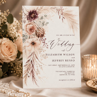 Burgundy Pampas Grass Terracotta Fall Wedding Invitation