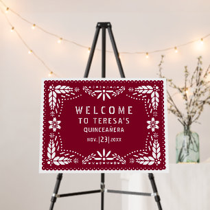 Burgundy papel picado QUINCEAÑERA welcome sign