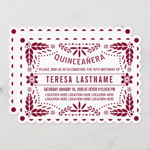Burgundy papel picado scalloped Quinceaera Invitation