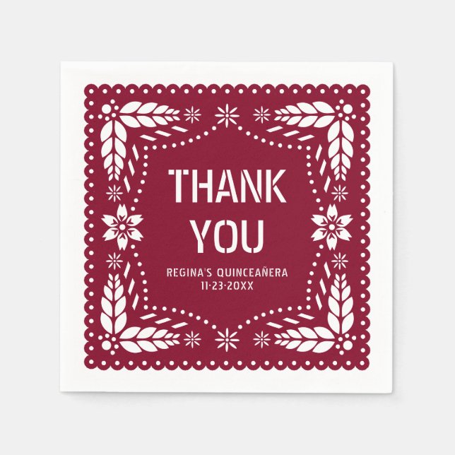 Burgundy papel picado Thank You QUINCEAÑERA Napkins (Front)