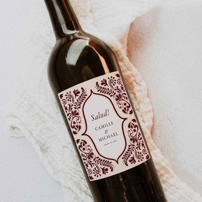 Burgundy Papel Picado Wedding Wine Label (Burgundy Fiesta Papel Picado Wedding Wine Label)